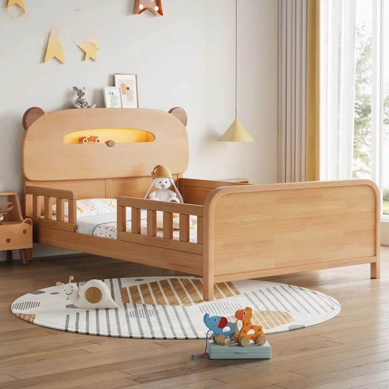 !@Modern Design Beech Wood Cartoon Bed for Boys and Girls Kids' Single Bed with Guardrails Baby Playpen for Children