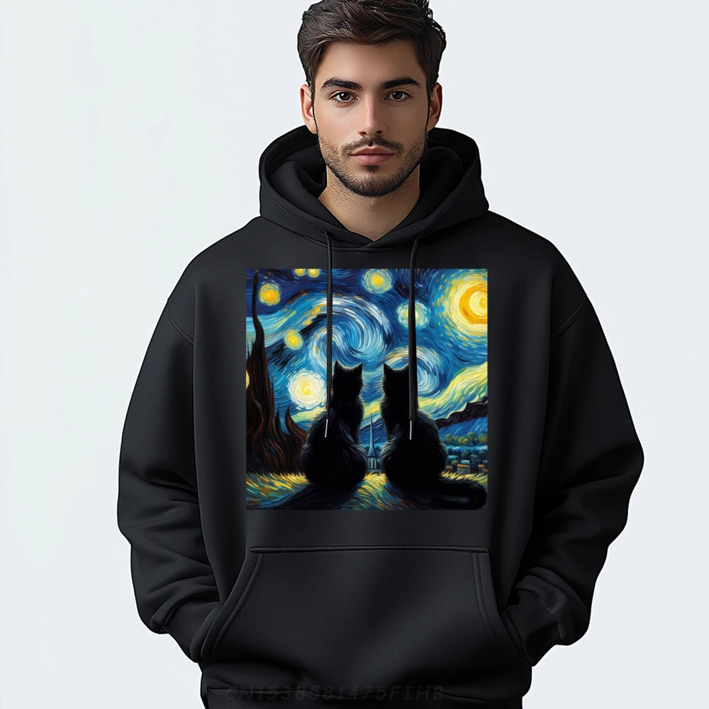 Black Cats Lover Starry Night Van Gogh Cat Mom Cat Dad Oversized Hoodies Men Autumn Mens Hoodies Design