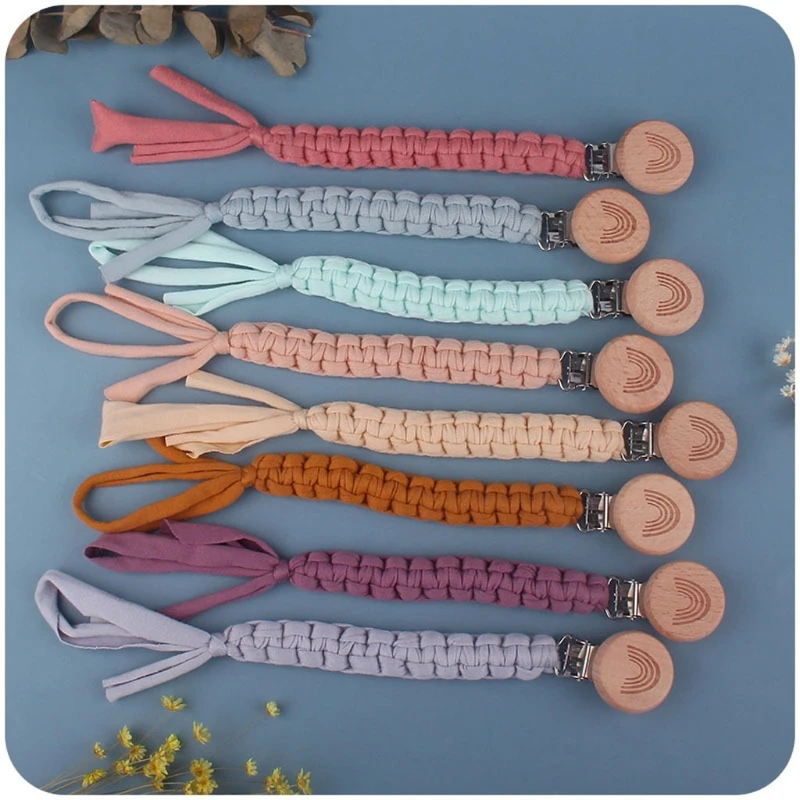 Baby Teether Pacifier Clips Wooden Infant Kids Cotton Crochet Pacifier Chain Newborn Teething Soother Chew Dummy Chain Handmad