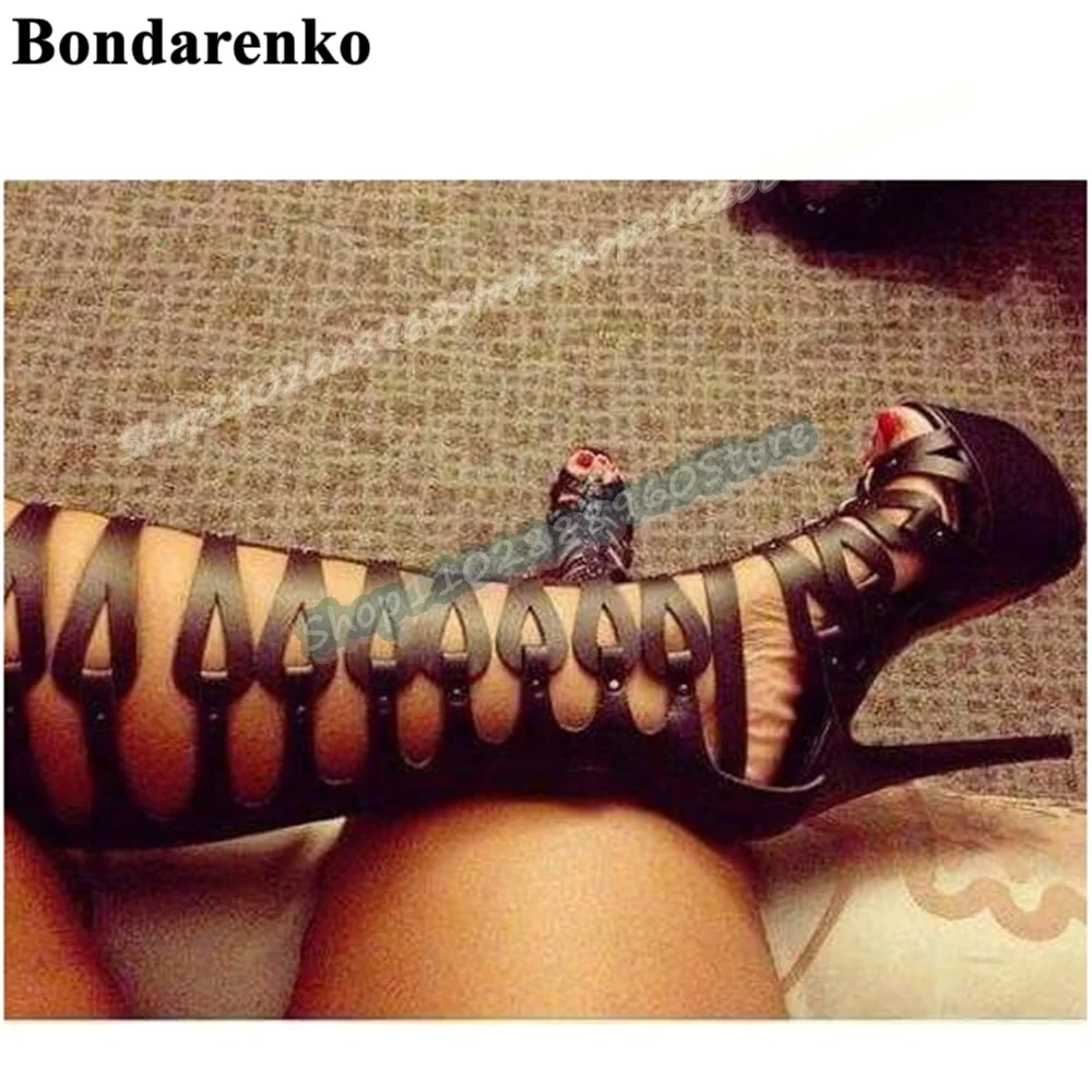 Stijlvolle kniehoge bruine lederen band platform sandalen dunne hoge hak damesschoenen terug rits peep toe party zapatos para mujer