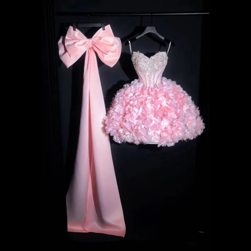 Vestido de Fiesta Corto Rosa con Hombros Descubiertos y Lazo Grande para Mujer, Elegante Vestido de Noche con Flores 3D, Vestido Sexy para Fiesta de Cumpleaños