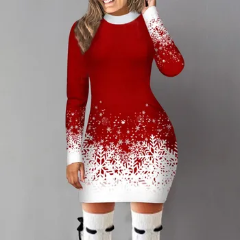 Image Women'S Evening Dress Christmas Snowflake Printed Party Dress Round Turtleneck Long-Sleeved Mini Dress Red Festive Girlish Robe