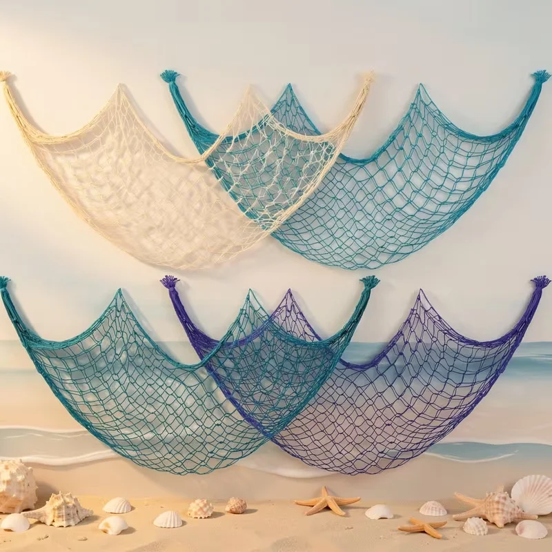 1 Stück 2m x 1m Fischernetz-Dekoration, aus Naturbaumwolle - Geeignet für Meerjungfrauen-Ozean-Party-Dekoration, Strandtischdecken im nautischen Stil