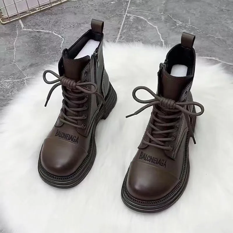 2024 Fashion Round Toe Women’s Platform Non-slip Leather Booties Lace-up Booties Outdoor Casual Daily hot Boots Botas Mujer