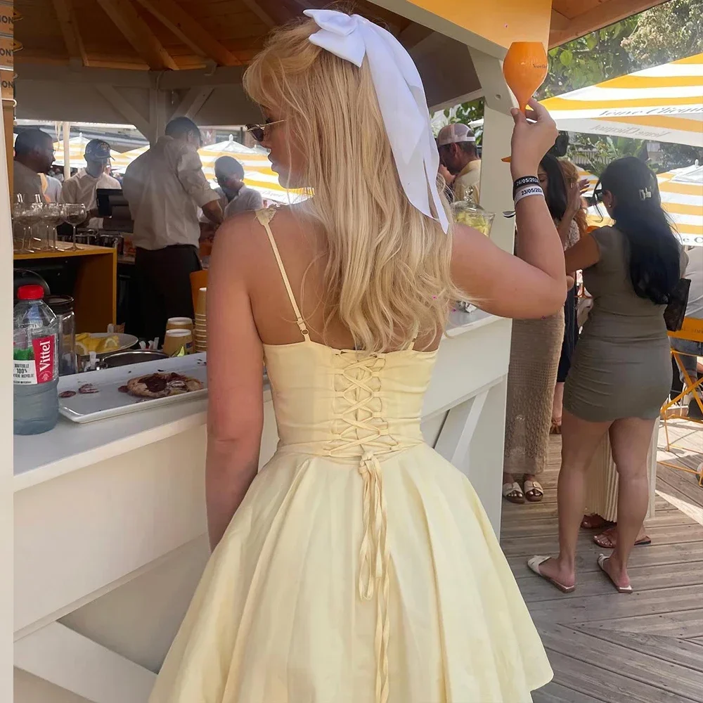 Suninheart 2025 Summer Women's Sleeveless Party Dresses Yellow Elegant Lace  Up Dress Mini Fit and Flare Dress for Holiday Club - AliExpress 200000345