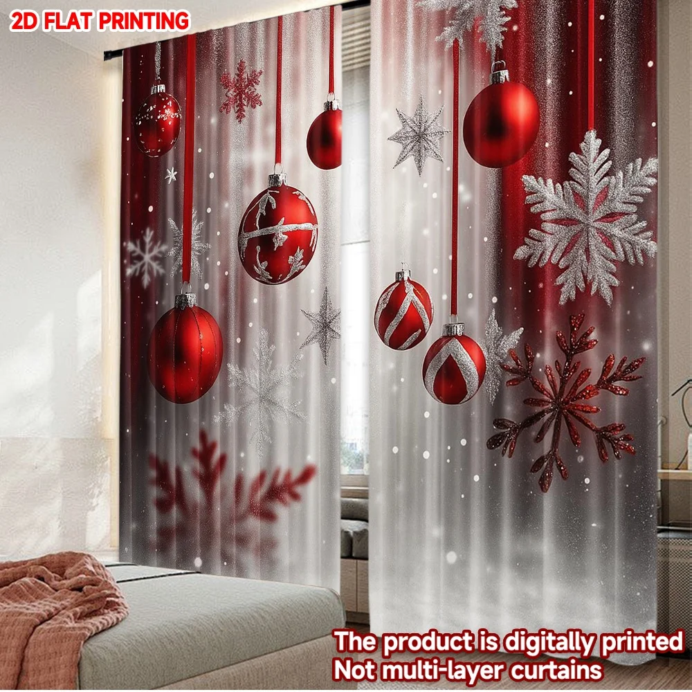 2D-Flachdruck, 2 Stück, Weihnachtsfeier-Vorhänge, Weihnachten, rote Ornamente, Schneeflocken, langlebige Polyesterfaser, Familienfeier