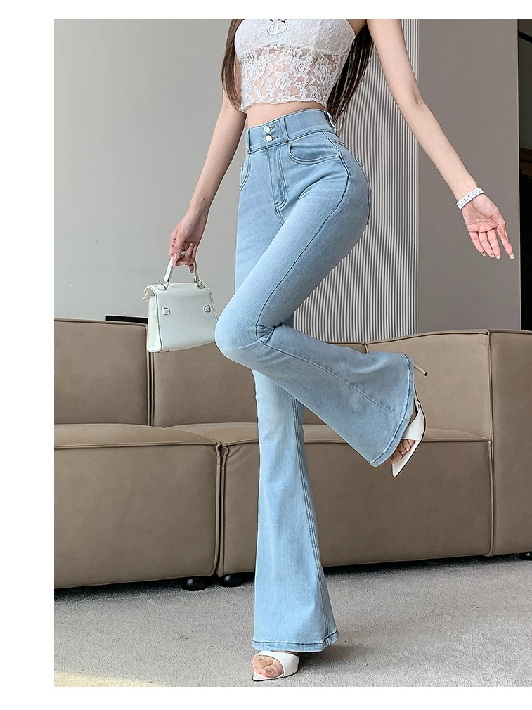 

High Waist Bell Bot Jeans Women's Slim Fit Denim Double Bule Elastic Waist Design Sexy Dongdaemun Light Blue Casual Jeans