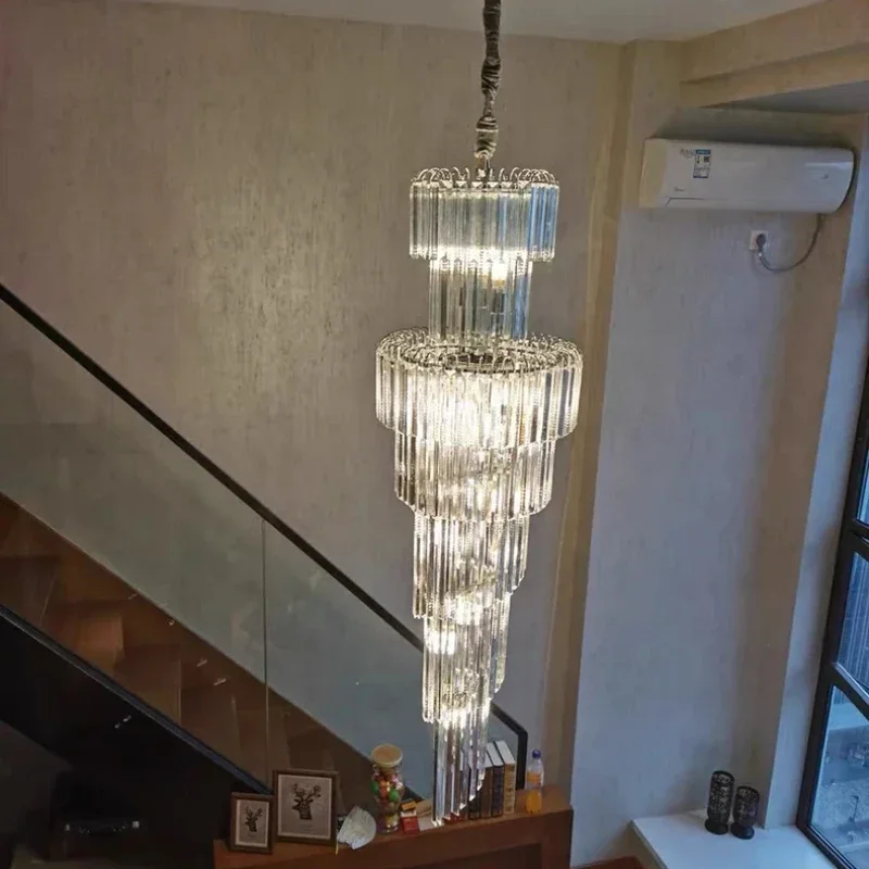 2024 Modern Long Staircase Crystal Chandeliers Loft Pendant Led Lights Villa Living Modest Ceiling Lamps for Room Home-appliance