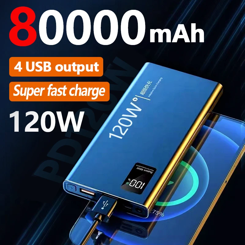 80000mAh Power Bank 120W Super szybkie ładowanie 100% wystarczająca pojemność przenośna ładowarka cyfrowy wyświetlacz dla iPhone Xiaomi