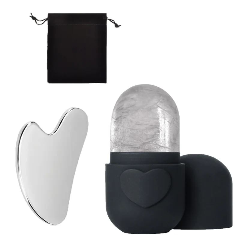 3 ชิ้น, ลูกกลิ้งนวดหน้าซิลิโคนและชุดเครื่องมือกัวซาสแตนเลส (พร้อมถุงเก็บ) เครื่องมือดูแลผิวหน้าแบบใช้ซ้ำได้