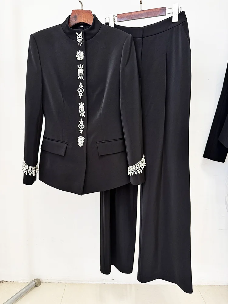 HIGH STREET Newest 2025 Designer Suit Women Beaded Diamonds Stand Collar Jacket Pants Suit 2pcs Set ﻿