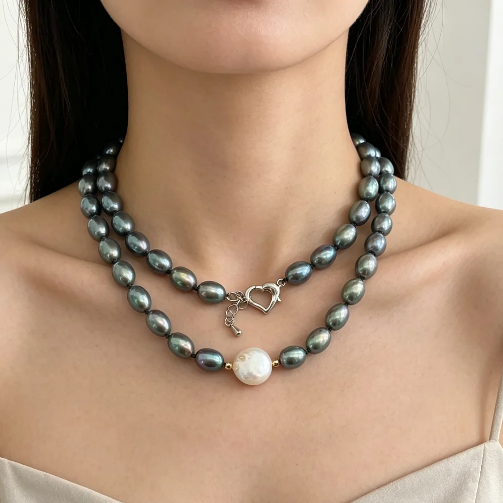 Unique Distinctive Dyed Natural Freshwater Seed Beads Iridescent Green Pearl Beads Heart-Shaped Clasps DIY Jewelry Accessories