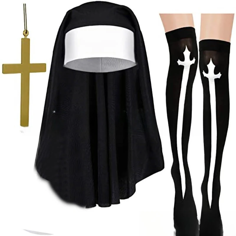 بدلة شخصية الراهبة التنكرية للهالوين، جوارب متقاطعة، بدلة راهبة، وشاح للرأس، زي العطلة