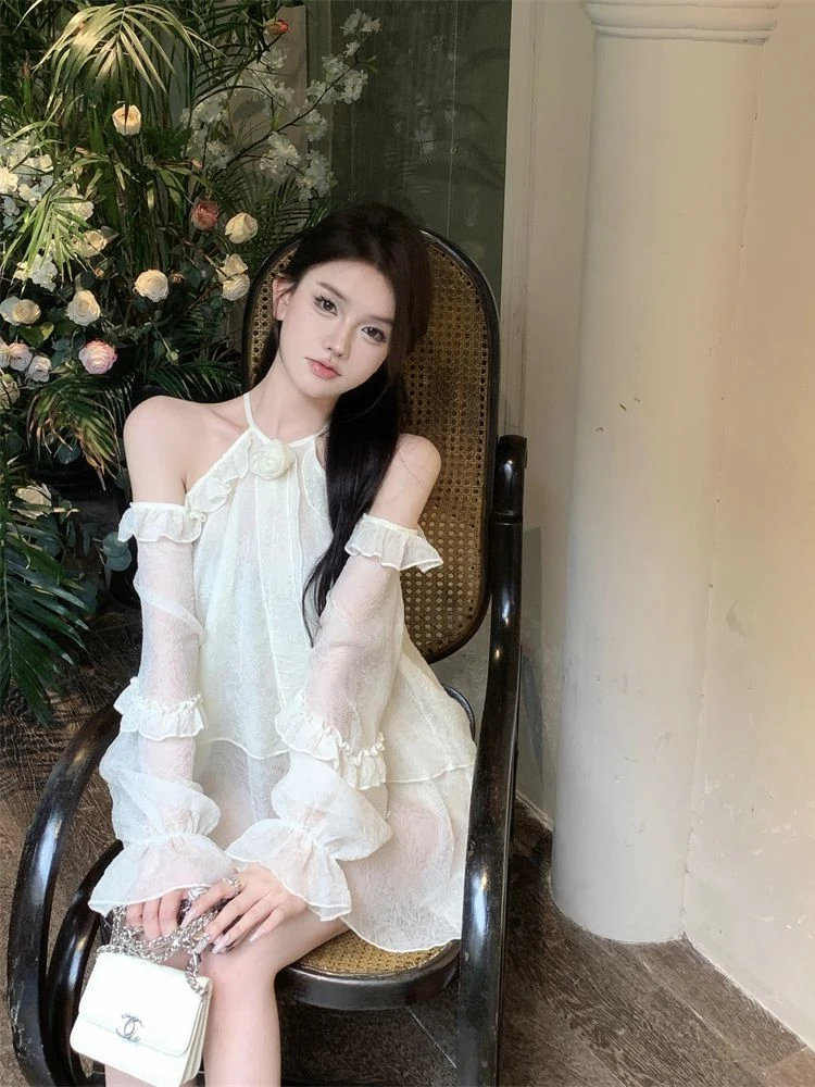 Summer Hollow Out Blouse Loose Halter Shirts Korean Chic Women Shoulderless Chiffon Ruffle Puff Tops Vintage Streetwear Vintage