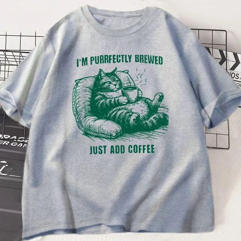 T-shirt grafica retrò divertente gatto caffè T-shirt per amanti dei gatti T-shirt da donna retrò a maniche corte con collo casual T-shirt estetica estiva streetwear