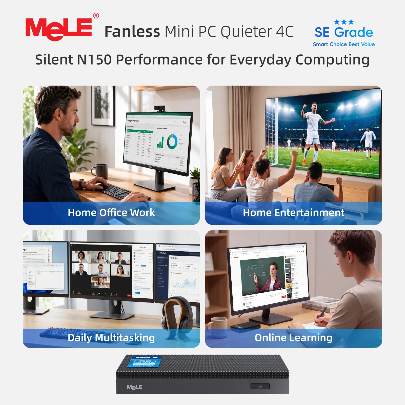 MeLE SE Grade Quieter 4C Fanless Mini PC N150 8GB 128GB Windows 11 Pro USB-C PD3.0,Triple 4K Display, 0dB Silent, Compact Design
