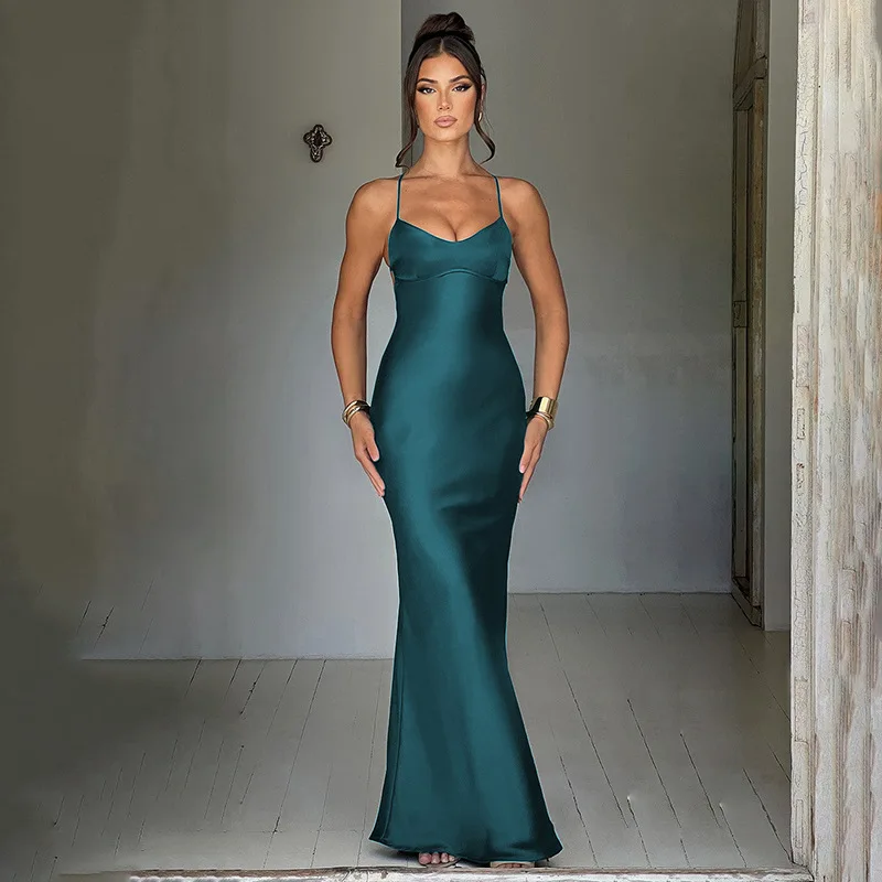 Damen Spaghettiträger Satin rückenfrei Sexy Kleid Sommer Schönheit Elegantes Party Abendkleid Enges langes Kleid