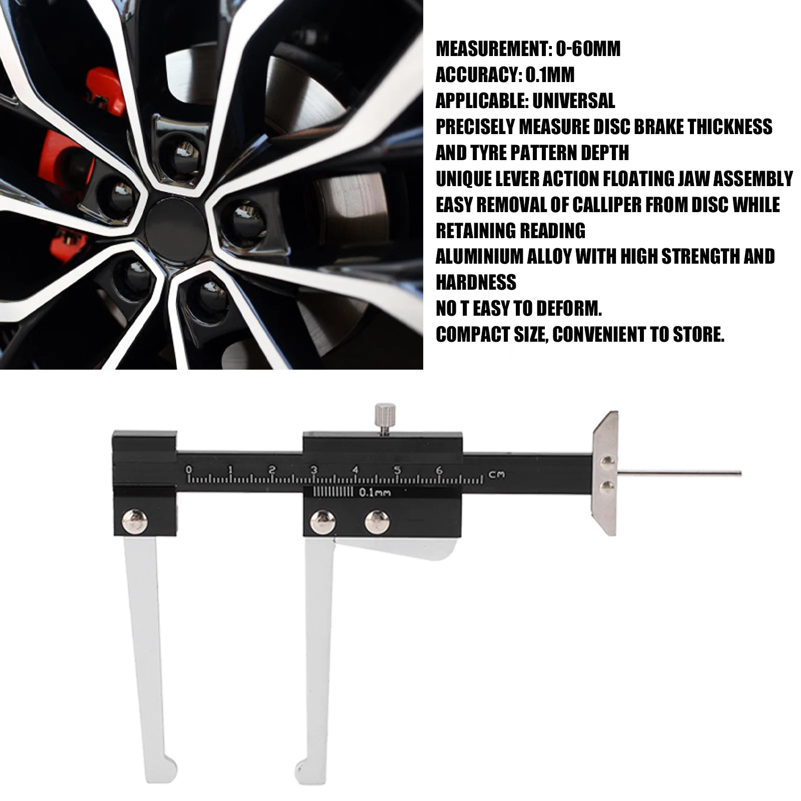 0‑60mm Metric Brake Disc Depth Measuring Caliper Portable 0.1mm High Precision Tire Tread Depth Measure Caliper