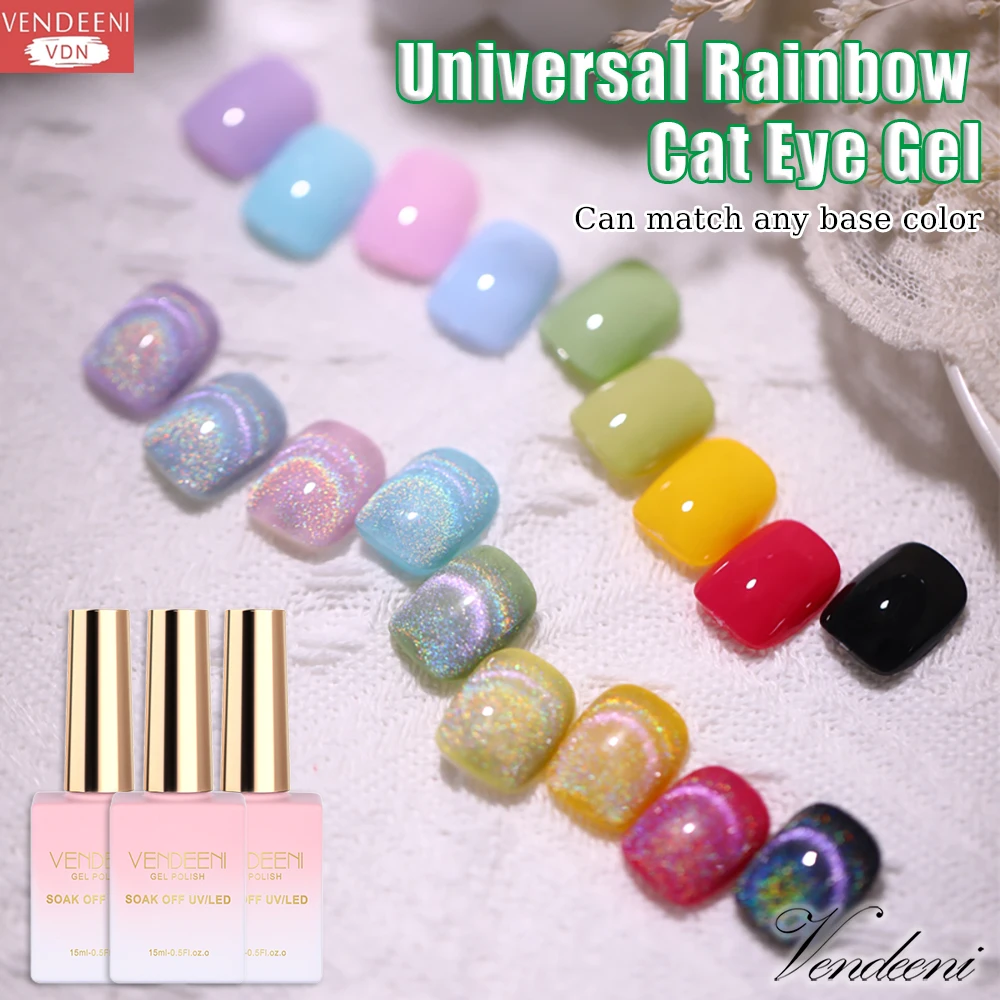 

Vendeeni 15ml Universal Rainbow Cat Eye Gel Nail Polish Laser Glitter Magnetic UV Soak Off Gel Varnish Can Match Any Base Color