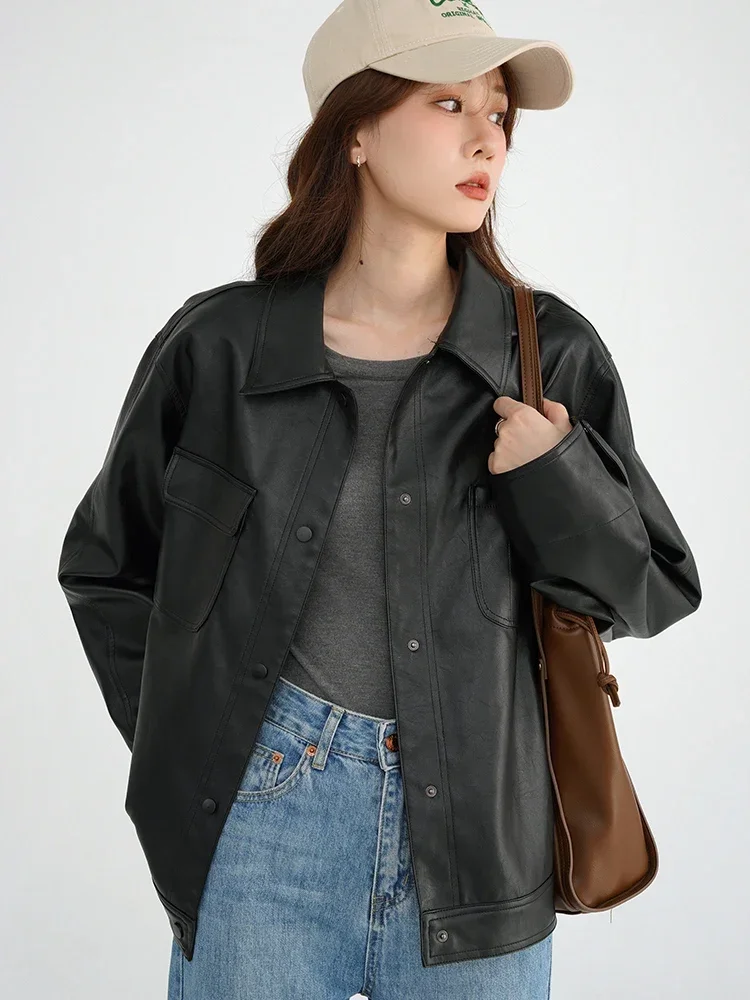 Vintage jaket wanita musim dingin, pakaian luar kulit buatan kualitas tinggi, mantel wanita klasik dan Chic, pakaian populer Korea