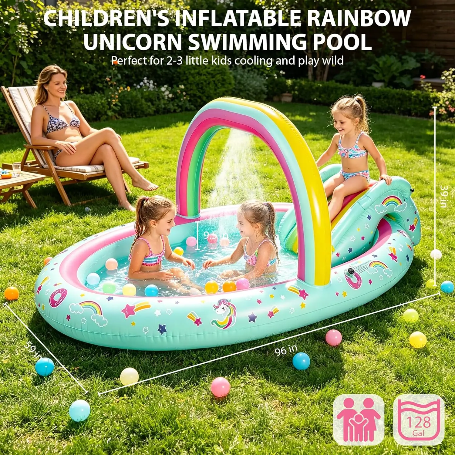 Inflatable Kiddie Pool with Slide and Sprinkler for Kids, 96x59x39 Inch Baby Play Center for Backyard and Garden