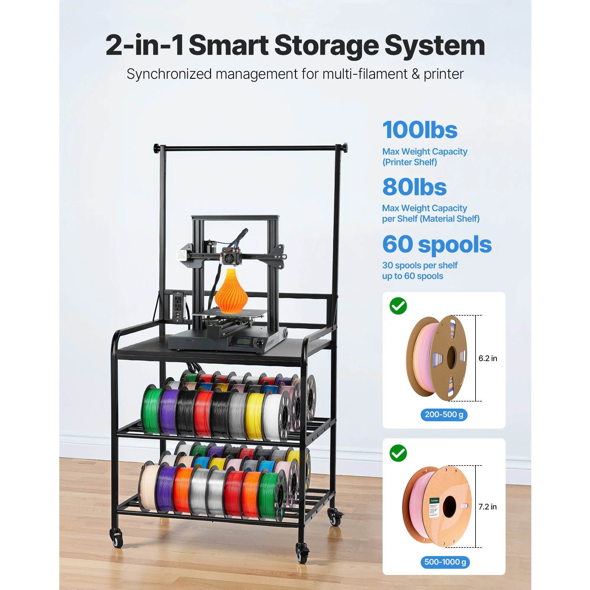 SucceBuy 3-Tier 3D Printer Filament Storage Rack with Wheels Filaments Organzied Printer Stand for 3D Printing Station Office