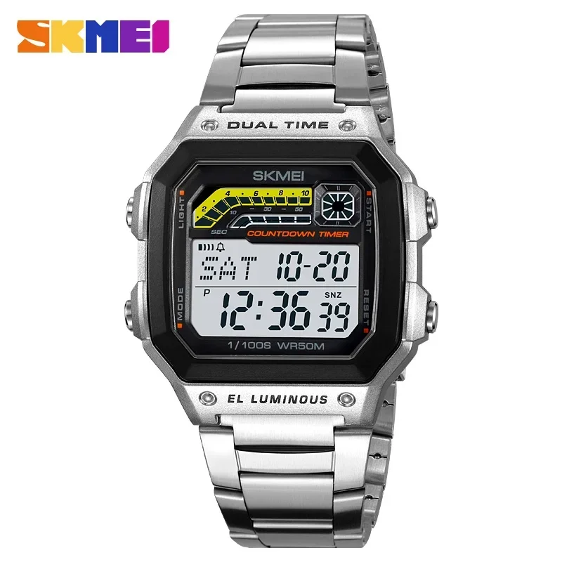 SKMEI 2307 Luxury Waterproof Sports Digital Watch for Men Countdown LED Display Stainless Steel Mens Wristwatches Shockproof