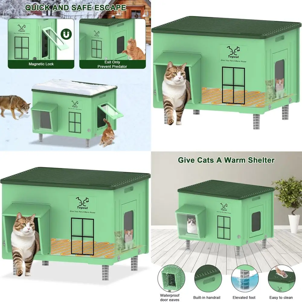 

Всепогодный утепленный уличный домик для кошек с обогреваемой зоной для уличных кошек, зеленый, 21.6x17x17.5