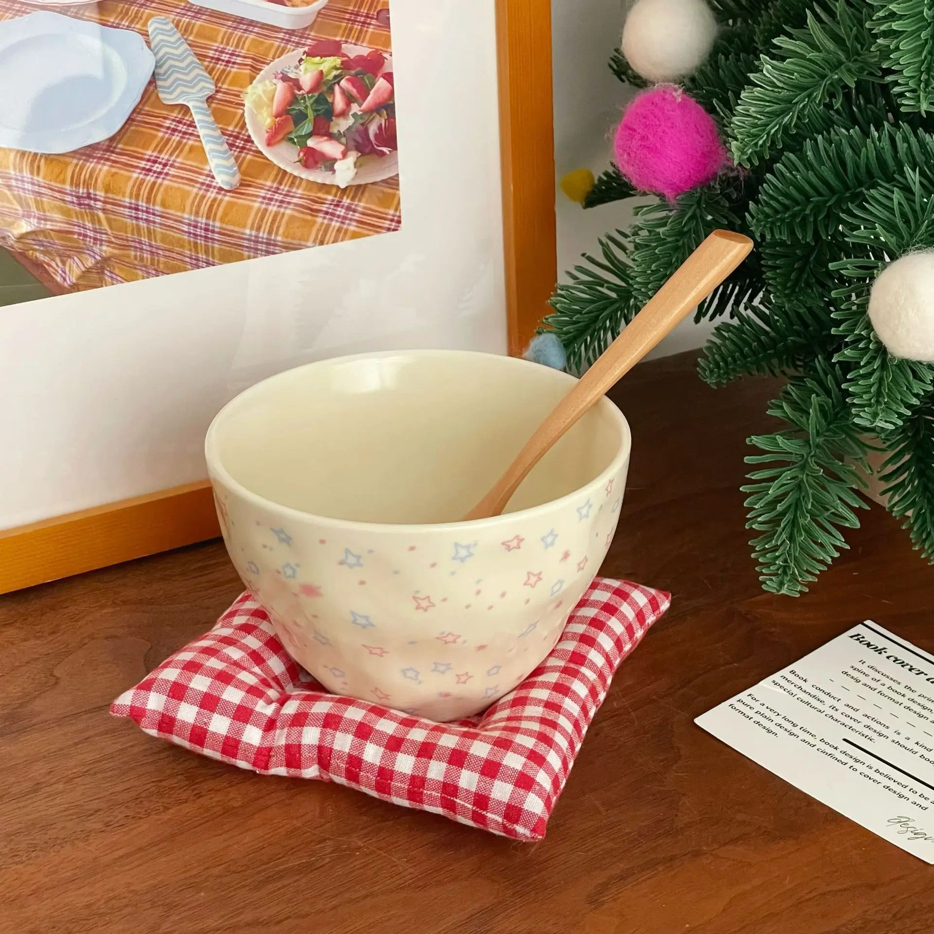 Colorful Stars Print Ceramic Bowl Flower Pattern Round Yogurt Bowl Home Dinnerware Casual Salad Serving Tableware Large Capacity