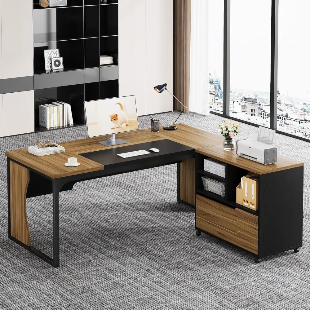مكتب كمبيوتر تنفيذي على شكل حرف L مع خزانة ملفات متنقلة وإضاءة LED، أثاث أعمال كبير مقاس 63 بوصة مع طاولة مكتب #3