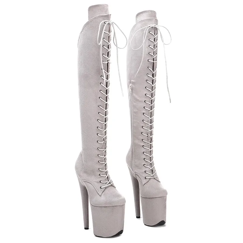 

New Fashion Flock Upper Sexy Exotic Pole Dancing Shoes 20CM/8inches High Heel Platform Women's Modern Knee-High Boots 193