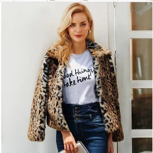 

Fashion Leopard Print Faux Fur Coat For Women Luxury Turn-down Collar Long Sleeve Chic Jacket Female 2024 Autumn Winter Outwear