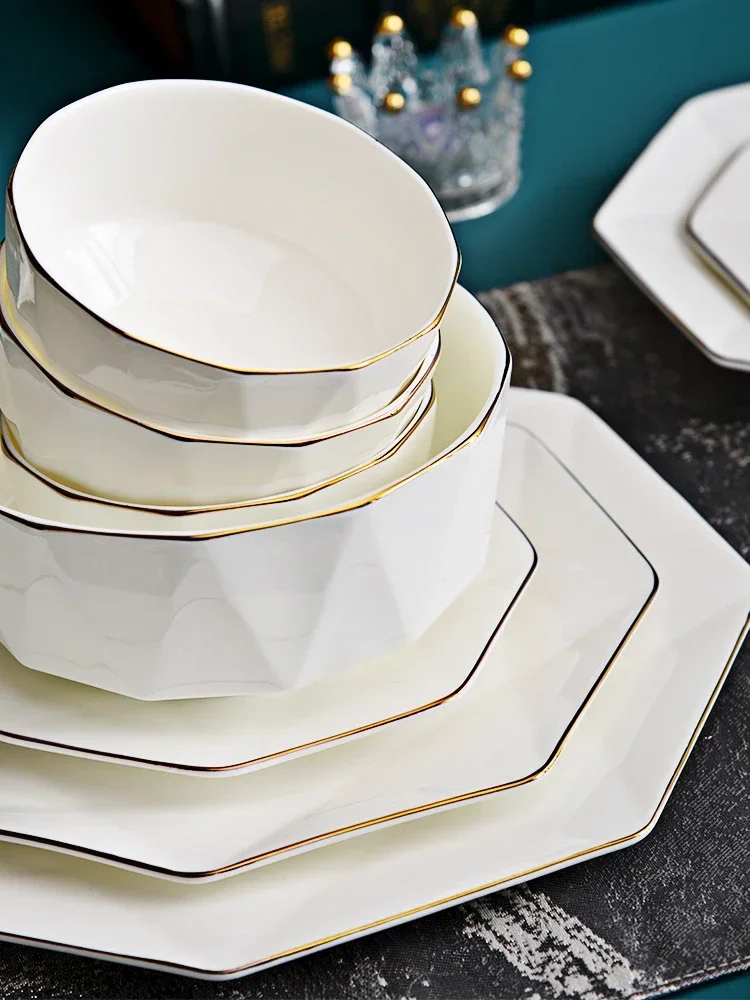 بسيطة الذهبي تقليم تانغشان السيراميك العظام الصين هووسورمينغ ضوء أدوات المائدة الفاخرة مجموعة من الأطباق والأطباق مزيج #5