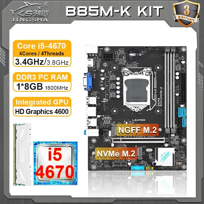 JINGSHA B85M-K Motherboard Set with i5-4670 CPU + 8GB DDR3 RAM Combo Assembly Kit B85 LGA 1150