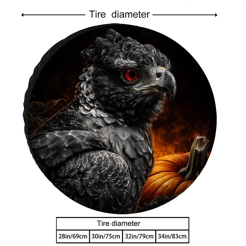 Halloween Dark Fierce Raptor Bird Tire Cover - Spiky Crest Red Eyes Black Feathers Orange Pumpkin Decor, Durable Polyester Fiber
