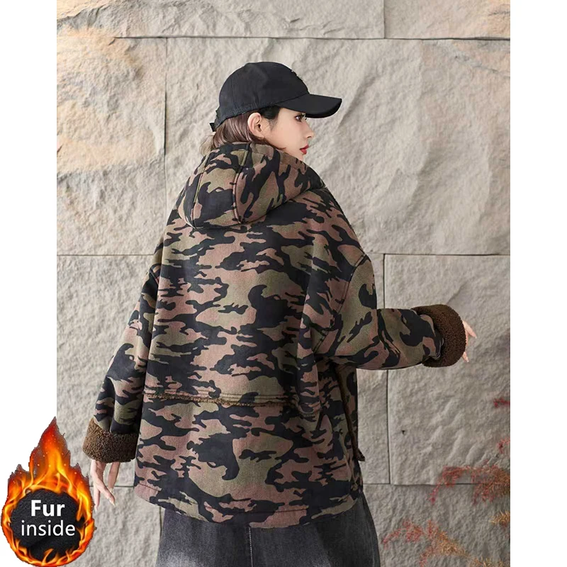 Masss Wasss 2025 Winter Fashion Camouflage Parkas Women Loose Warm Hooded Fur Padded Jackets Ladies Casual Vintage Thicken Coats