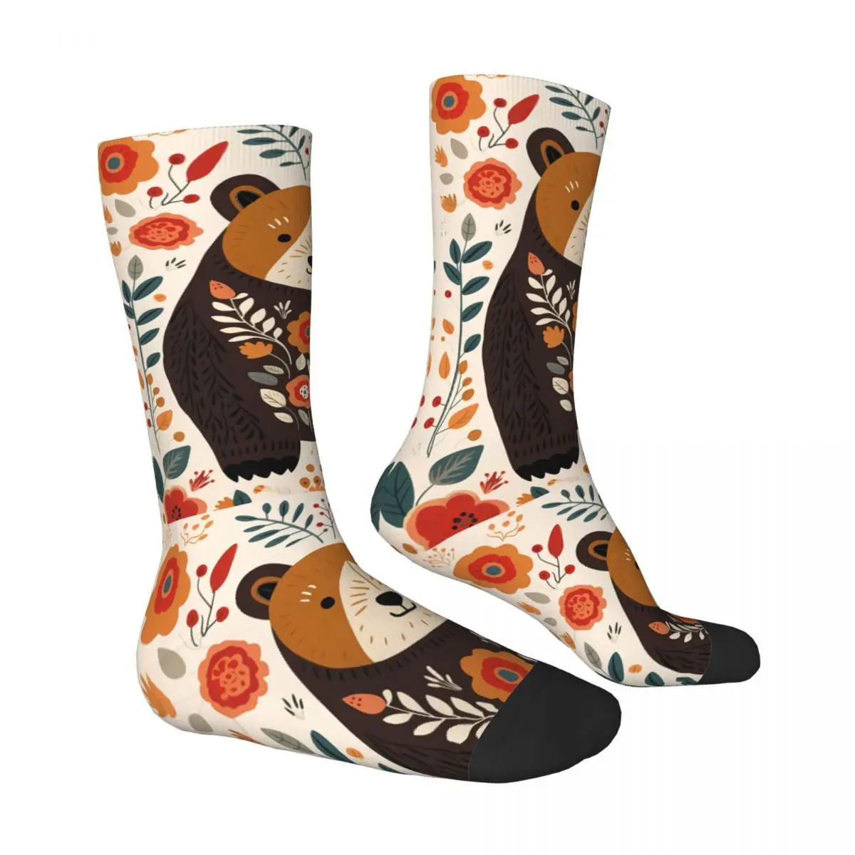 Śmieszne szczęśliwe skarpetki dla mężczyzn Art Bear Vintage Scandinavian folk Pattern Printed Crew Sock