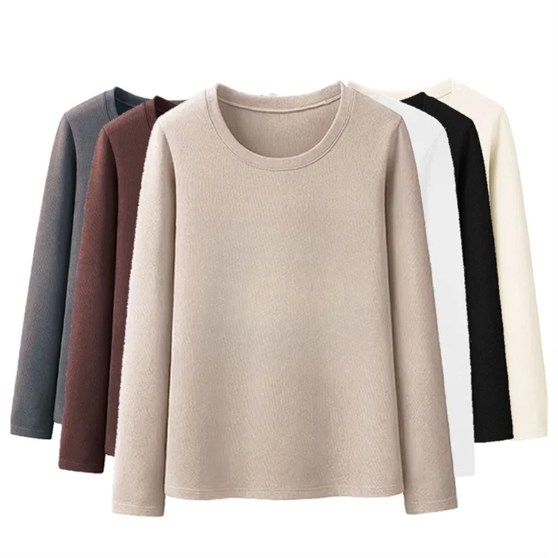 

Women's Thermal Underwear T-shirt Autumn Winter Thin Velvet Length Sleeve Solid Color Tees Casual Warm Fleece O-Neck Base Shirt