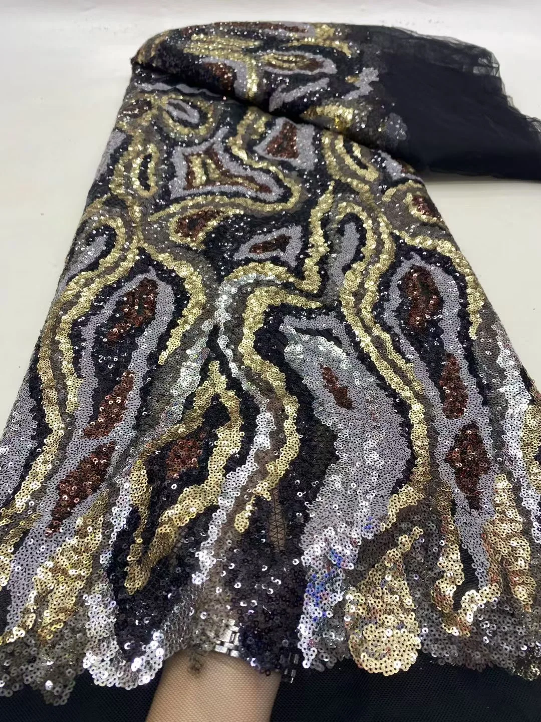 

2025 African Nigerian Sequins Embroidery High-Quality Tulle Lace Fabric Sewing Beads Stone for Prom Dresses 5Yards DP0454