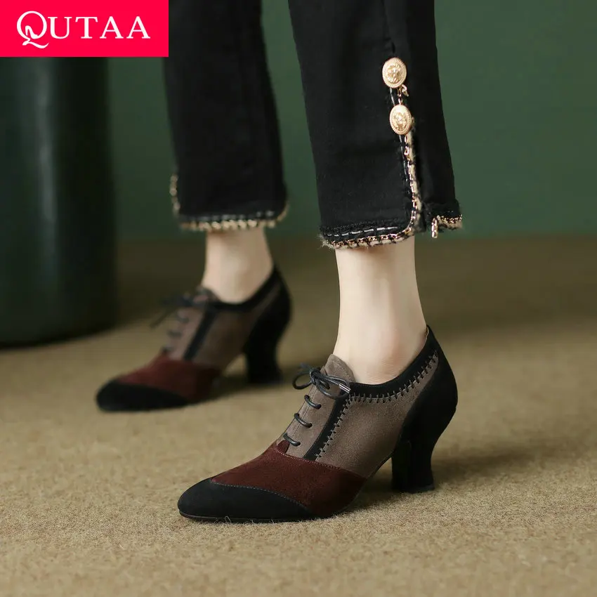 

QUTAA 2024 Women Genuine Leather Pumps Thick High Heels Pointed Toe Spring Summer Office Lady Working Shoes Woman Size 34-39