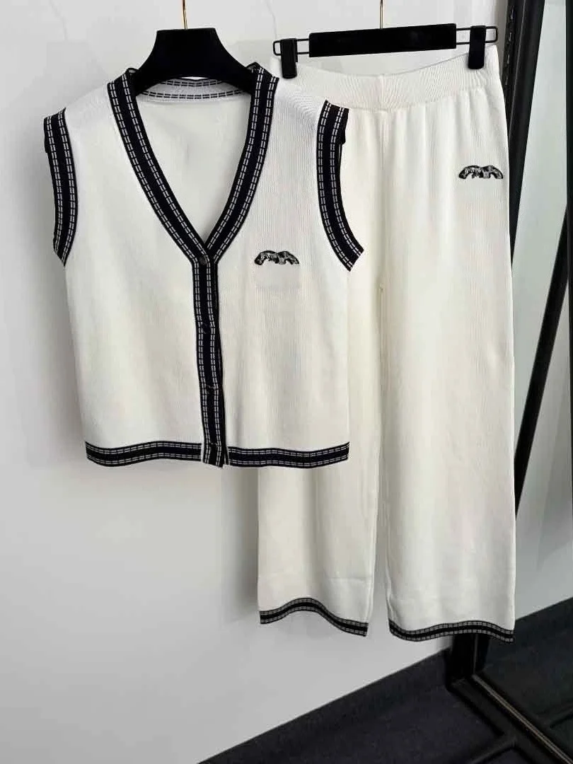 Elegant Knitted Color Block Set Women's Summer Loose Fit Long Pants Slimming Two-Piece Suit V-Neck High Waist Commute Style