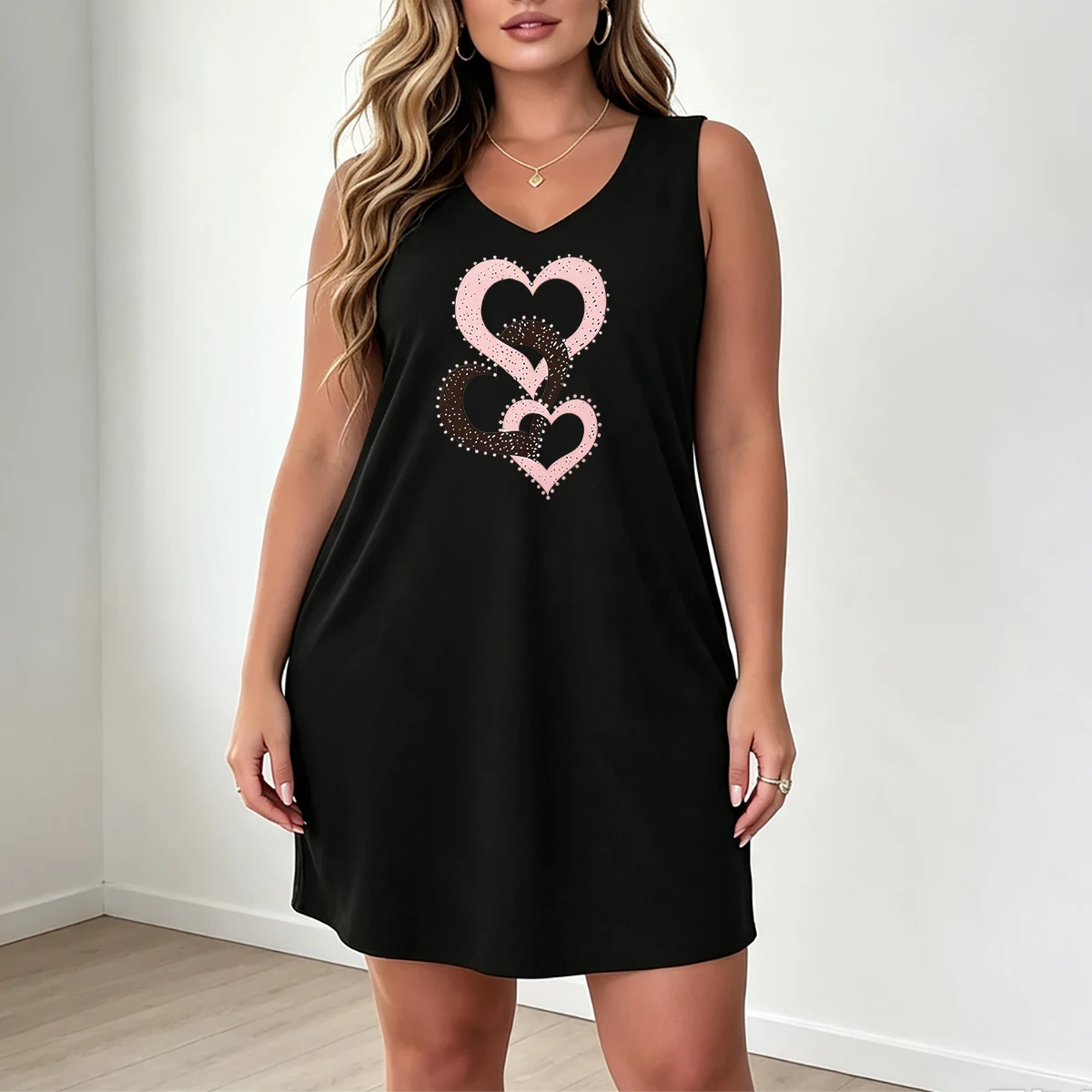 Plus-size women's V-neck sleeveless dress with pink and brown color-blocked polka dot trim and sweet heart print. Gentle and girly summer loose casual dress.
