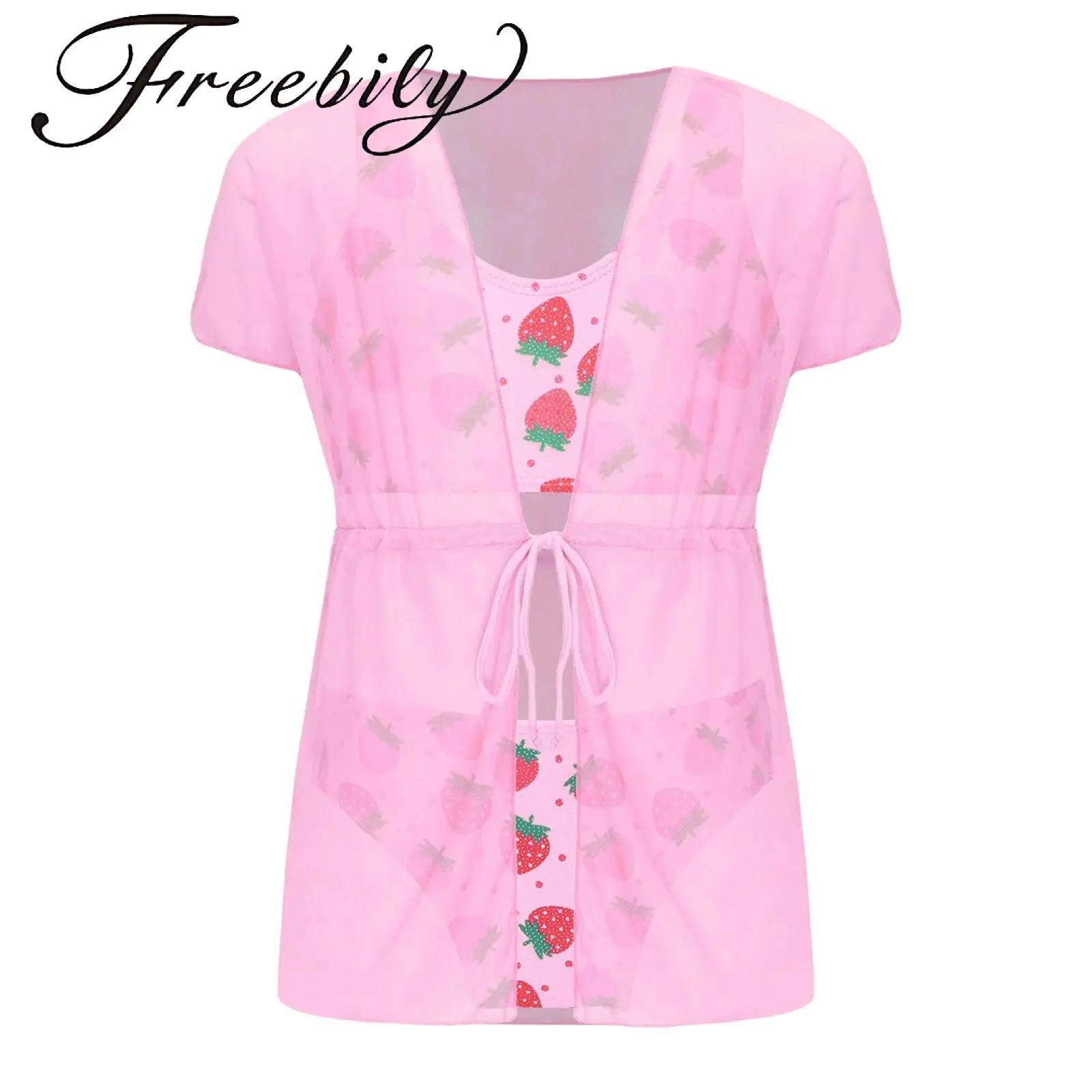 

3Pcs Kids Girl Cute Swimsuit Strawberry Print Mesh Belted Beachwear Summer Sun Protection Swimwear Vest Top Briefs Cover Up Set