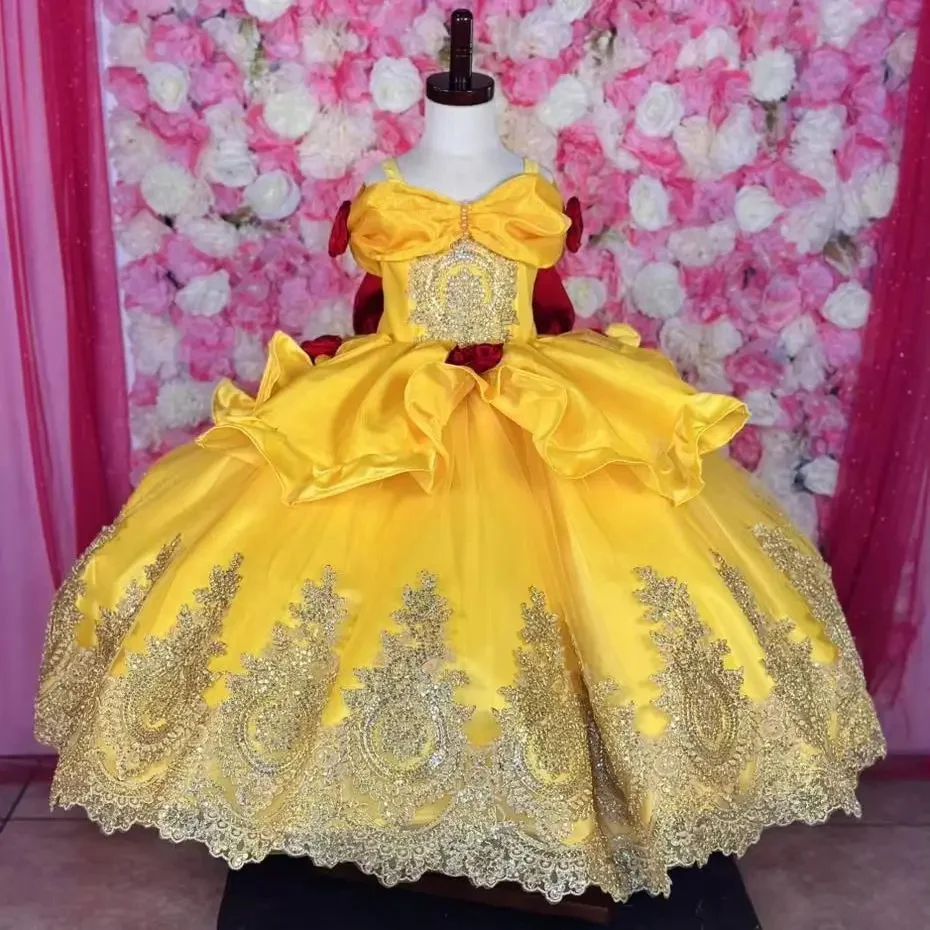 

Luxury Gold Satin Flower Girl Dress For Wedding Appliques Floor Length With Bow Birthday Party Pageant Banquet Gown Customized