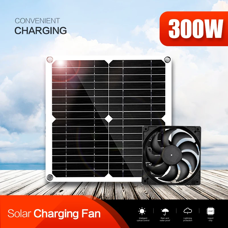 

300W Solar Panel Charging Pet Poultry Fan Portable Greenhouse Solar Exhaust Fan Office Outdoor Home Dog Chicken House 5V16V