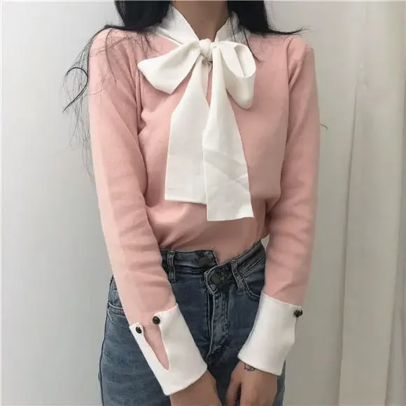 Korobov Korean Lacing Bow Sweet Women Pullovers Hit Color Basic Long Sleeve Female Sweaters Elegant Patchwork Sueter Mujer 79063