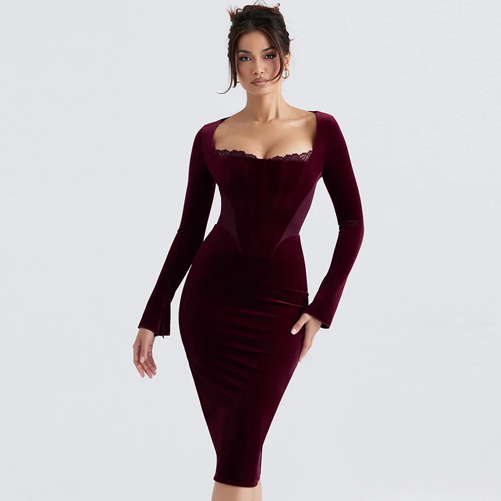 Sladuo 2023 New Autumn Winter Red Women Wine Velvet  Dress Sexy  Long Sleeve Squard Neck Lady Club Celebrity Runway Party Dress