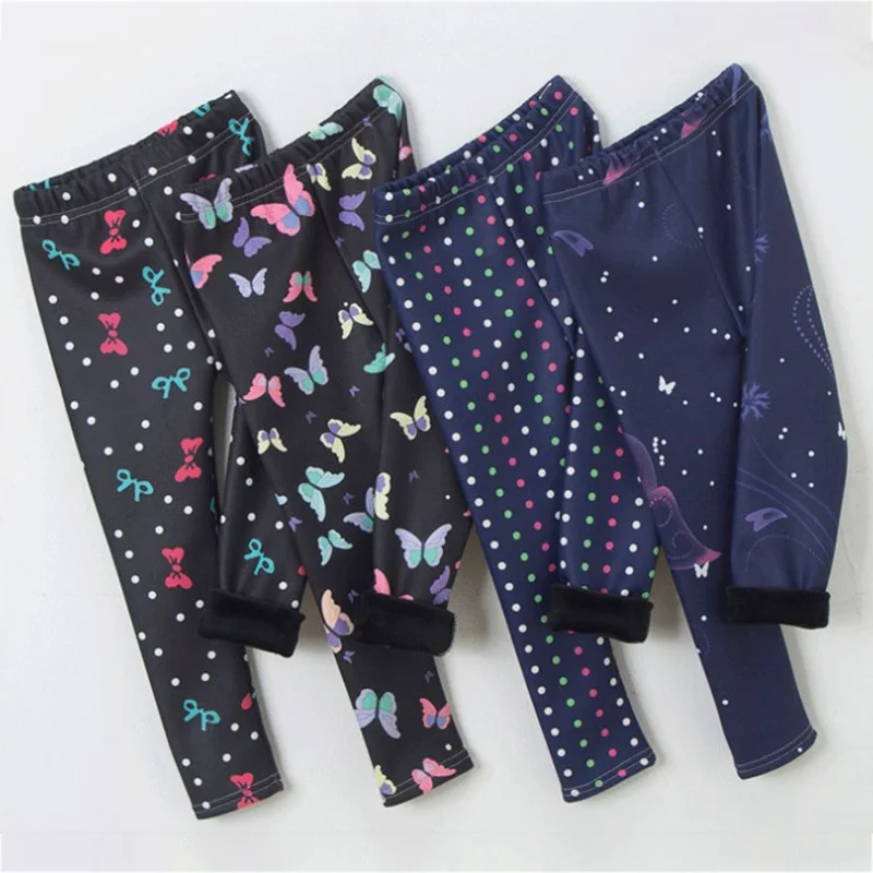 2-12T Winter Warm Baby Girls Leggings Plus Velvet Thicken Pants Stretchy Kids Leggings Printing Flower Children Trousers Age