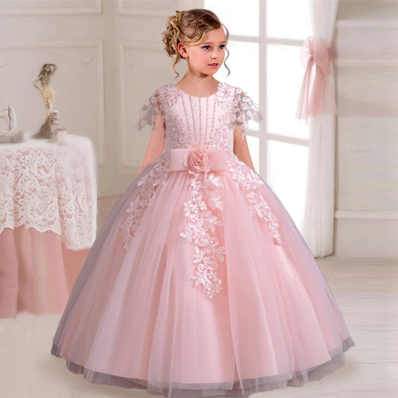 2024 novo elegante vestido de casamento da menina bordado malha vestido de princesa 4-12 anos de idade menina festa de formatura vestido de noite de baile