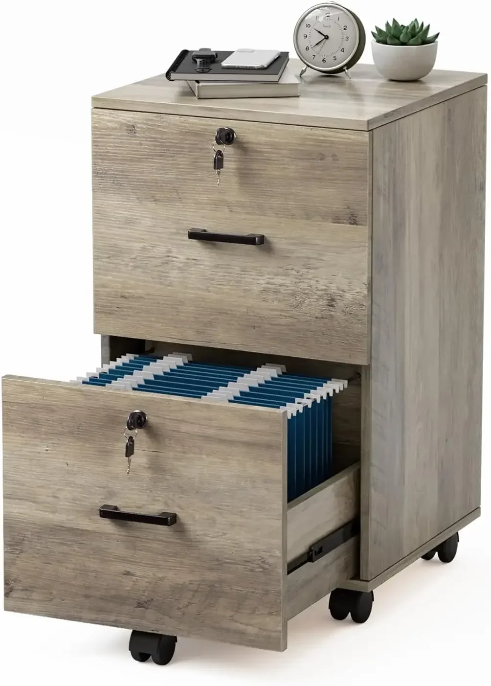 2 Drawer File Cabinet with Lock, Wood Rustic Gray File Cabinet for Letter Size File Folders with Tabs